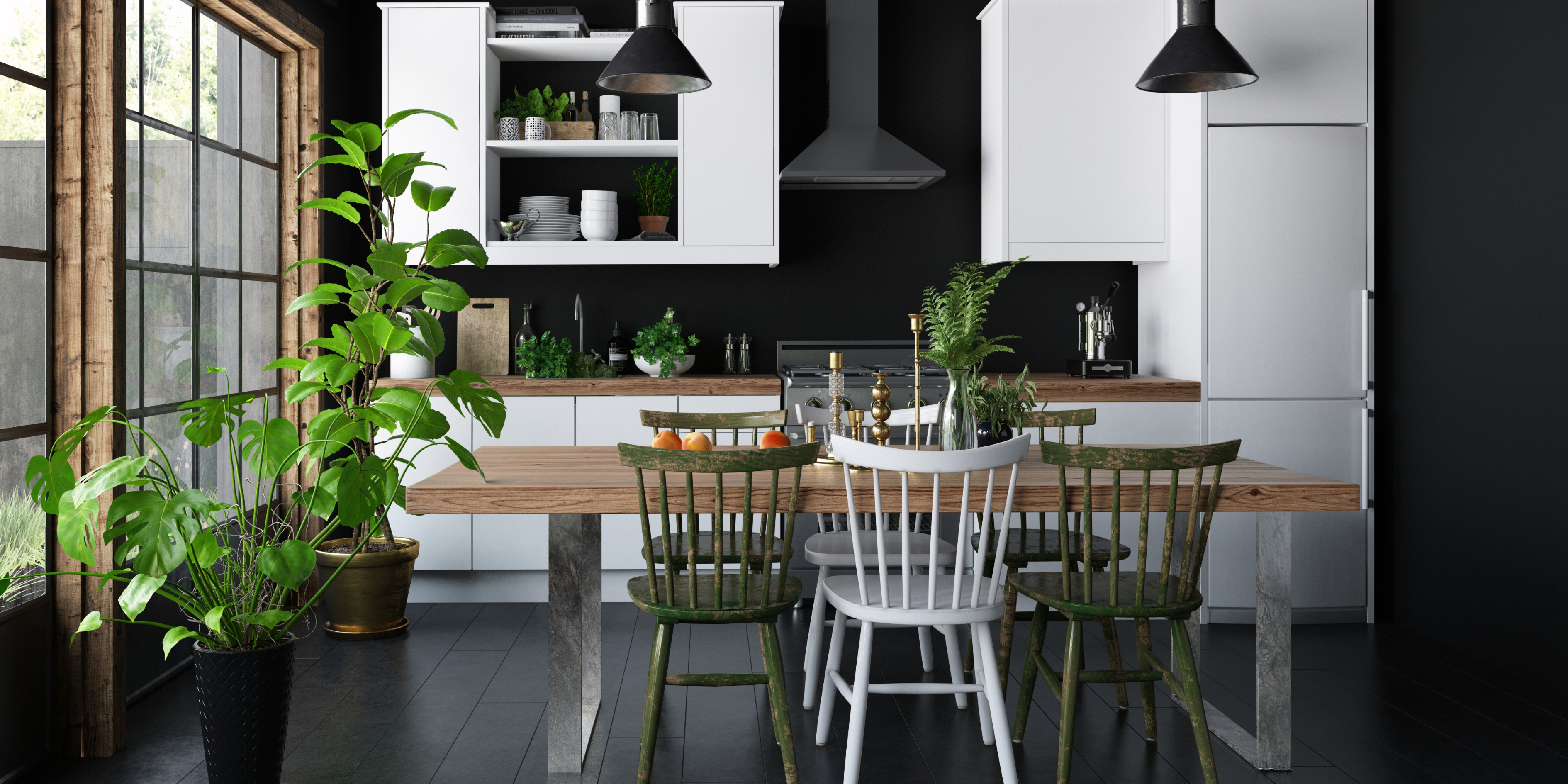A modern industrial kitchen with black walls and flooring, white cabinetry, and wooden benches. There are floor to ceiling windows and plenty of plants to make the space more green and open.