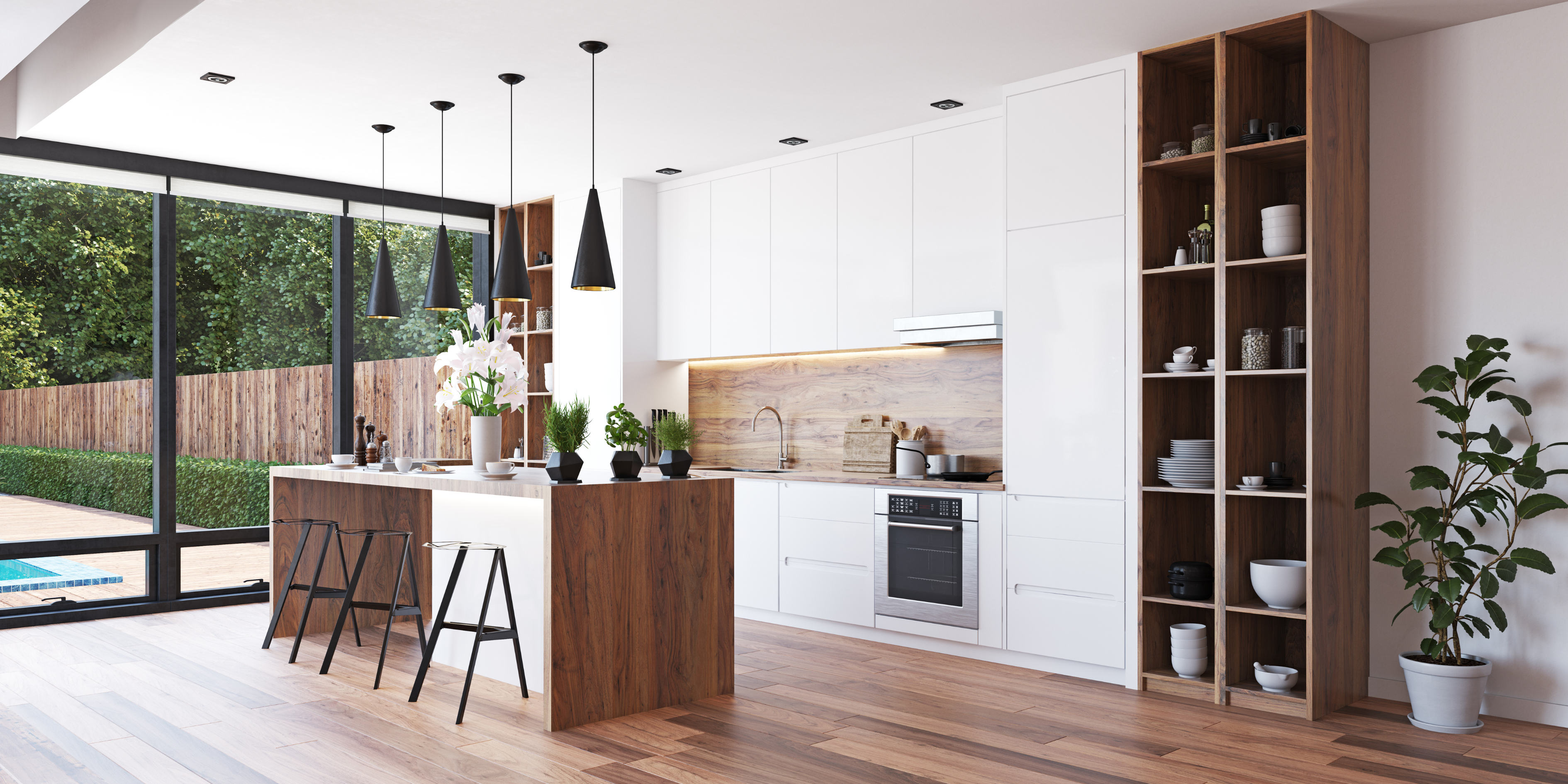 An open white and wood kitchen that is very modern in style.